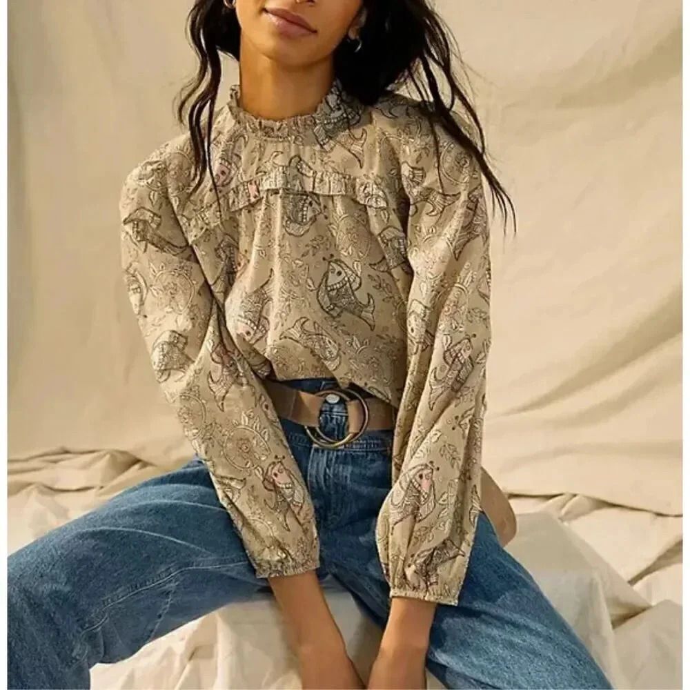 LET‎ ME BE x ANTHROPOLOGIE | Maple Ruffle Blouse Balloon Sleeve High Neck | 6